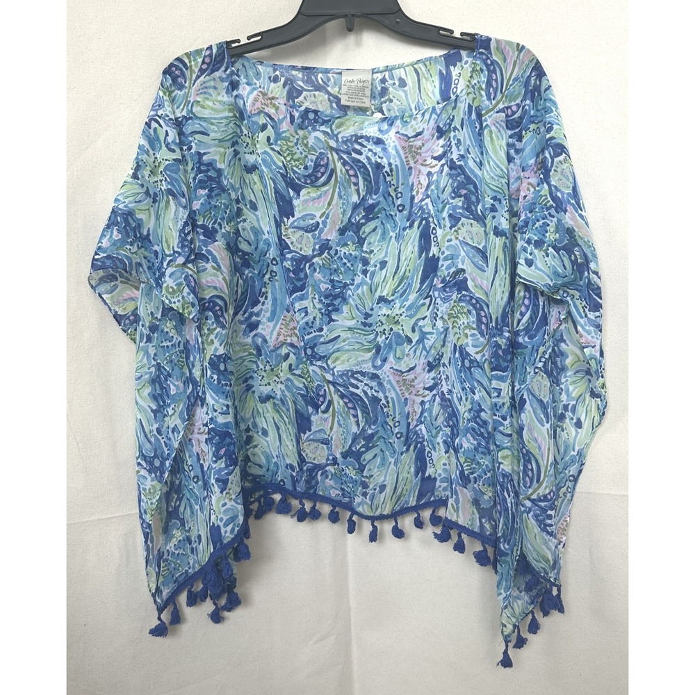 Charlie Paige Beach Resortwear Blue Paisley Poncho Coverup OS Tassel Fringe READ